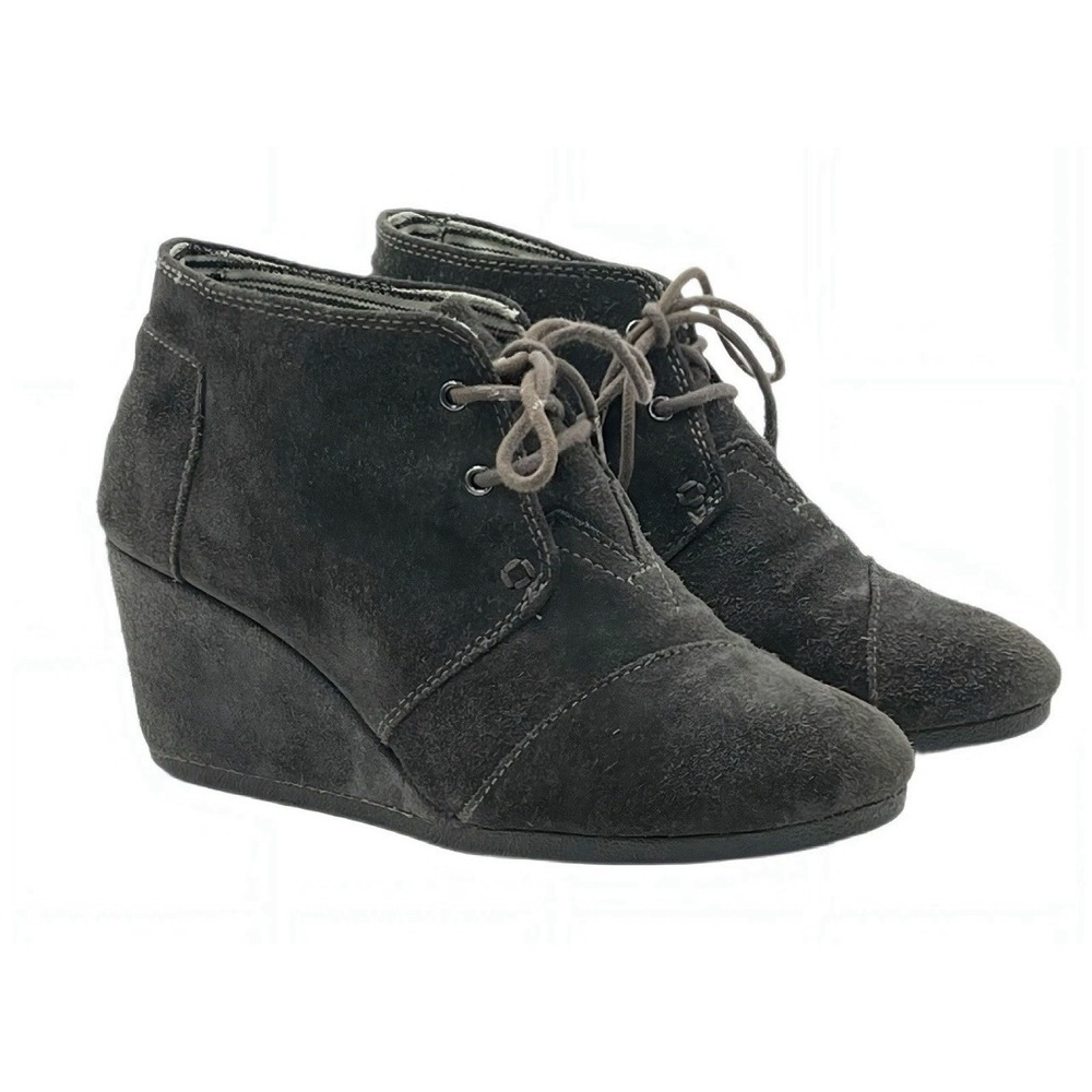TOMS Desert Wedge Booties Womens 11 Gray Suede Lace‎ Up Ankle Comfort Shoes